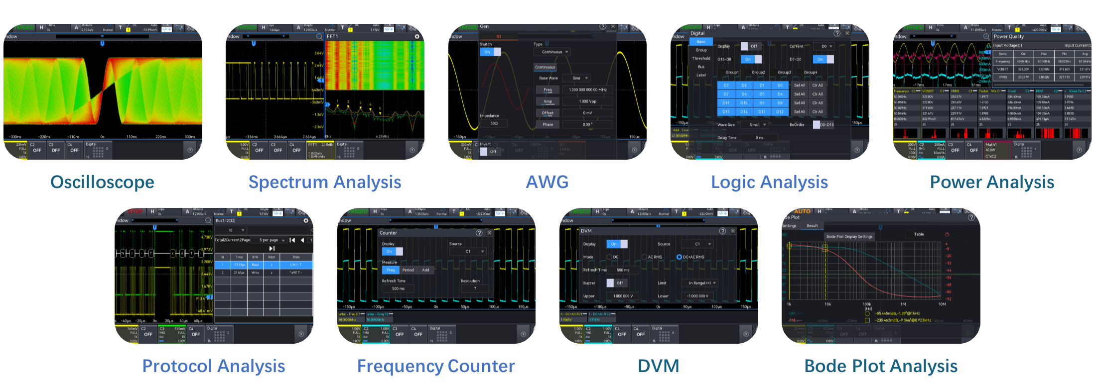 MSO1000HD Oscilloscope showing multiple functions