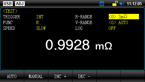 UT3560+ high-resolution resistance measurement display showing 0.9928 m&Omega; reading