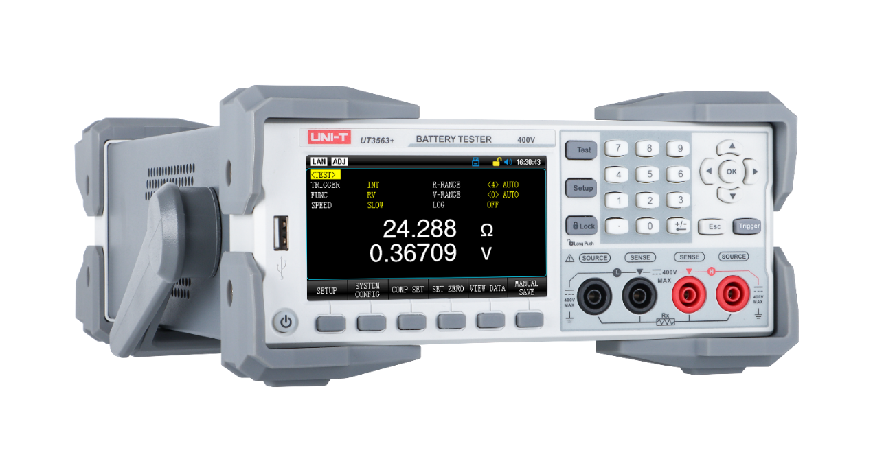 UNI-T UT3563+ Battery Tester front panel showing resistance and voltage readings