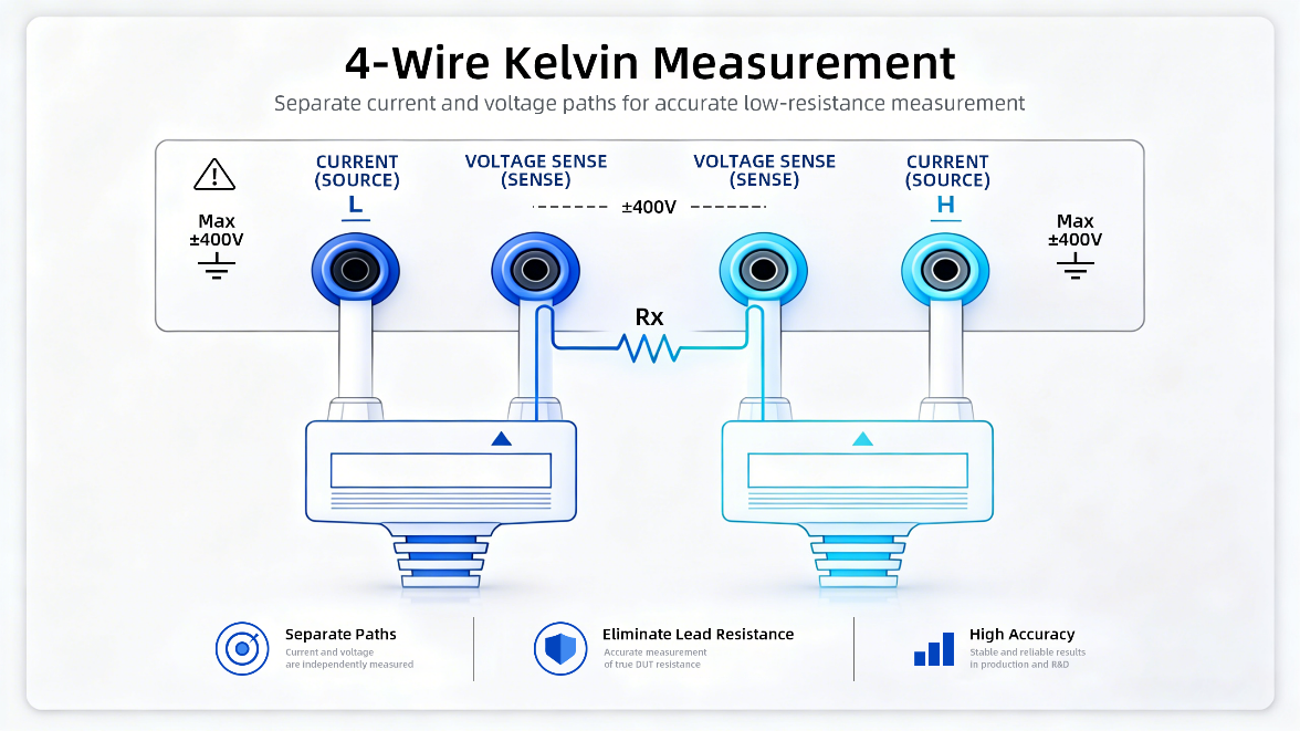 4-wire Kelvin measurement diagram with separate current and voltage sense paths