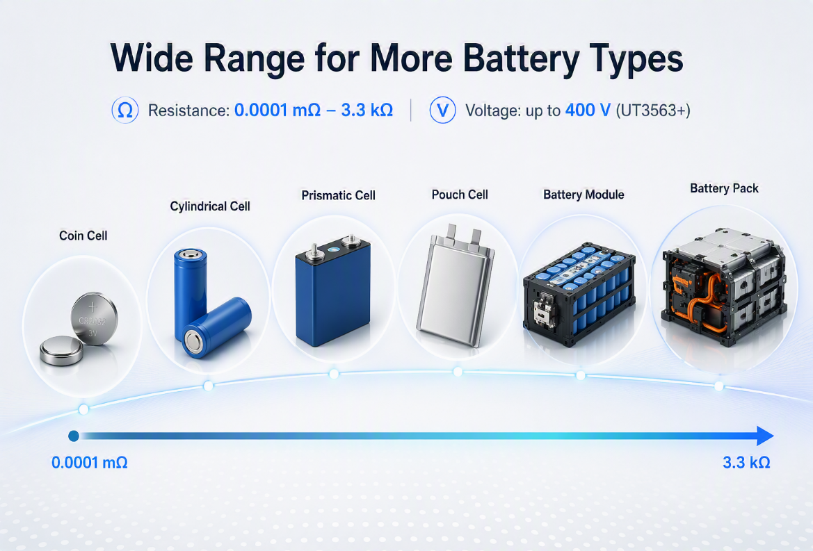 Wide measurement range from coin cell to EV battery pack, 0.0001 m&Omega; to 3.3 k&Omega;