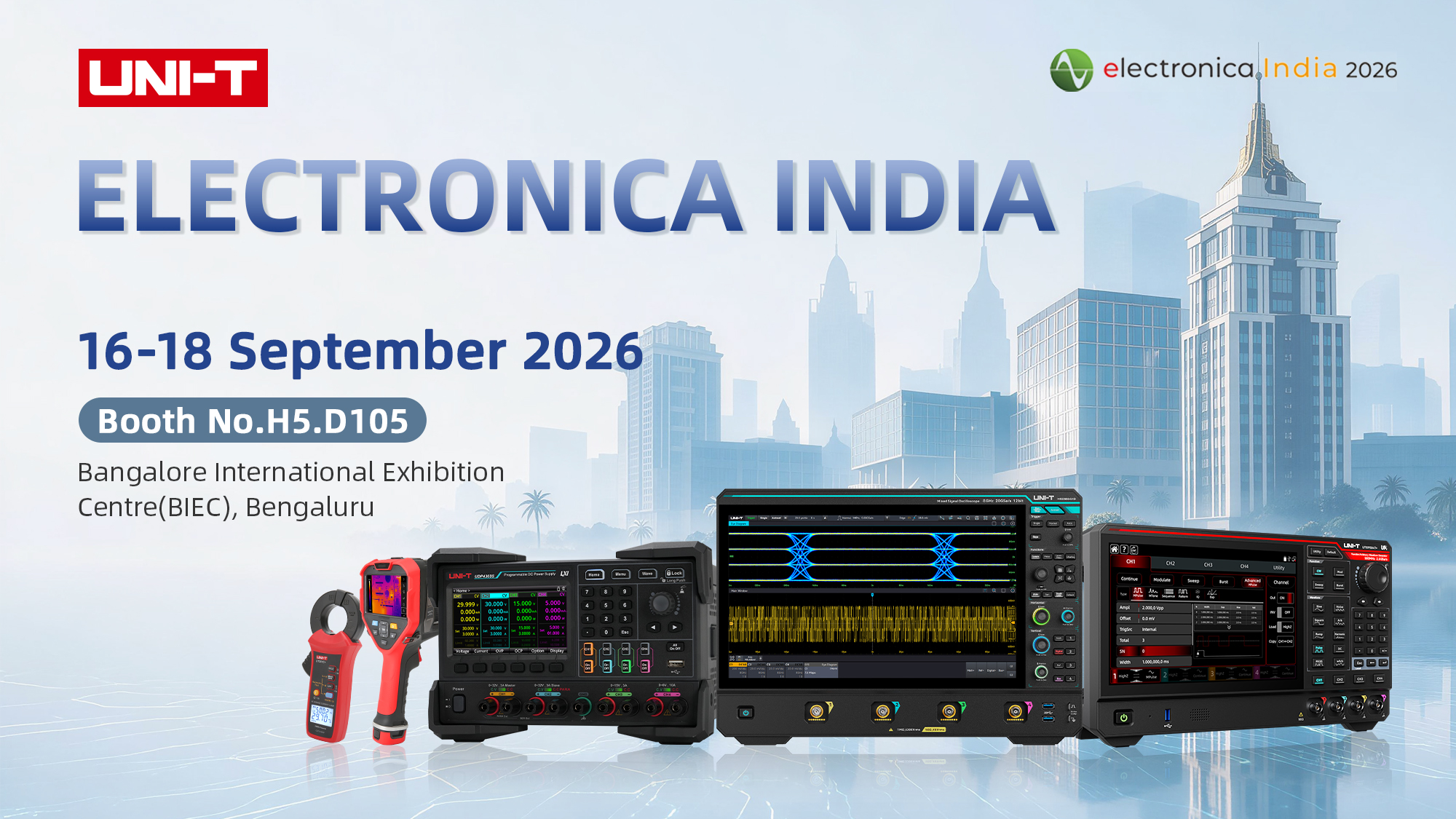Meet UNI-T at Electronica India 2026, Booth H5.D105, BIEC Bengaluru — Invitation Banner